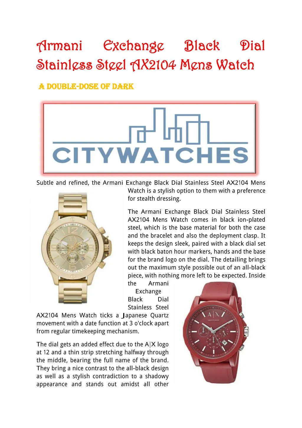 Armani Exchange Men's Quartz Stainless Steel Black Dial 46mm Watch AX2104 -  Royalwrist.pk