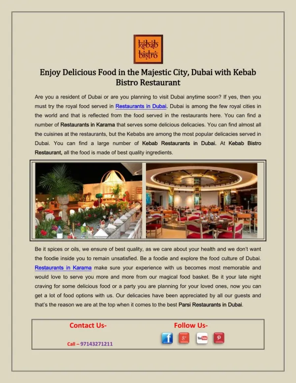 Enjoy Delicious Food in the Majestic City, Dubai with Kebab Bistro Restaurant