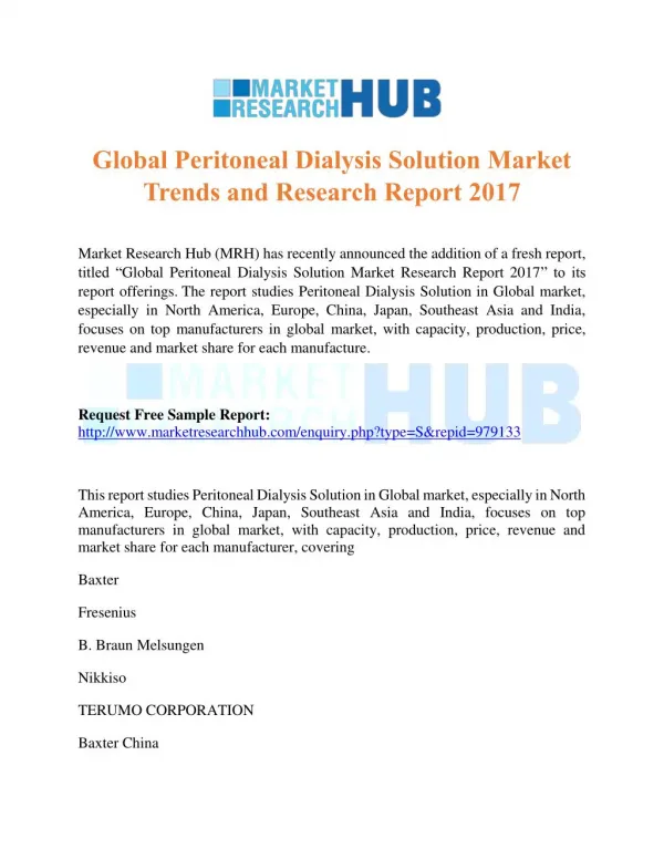 Global Peritoneal Dialysis Solution Market Trends and Research Report 2017