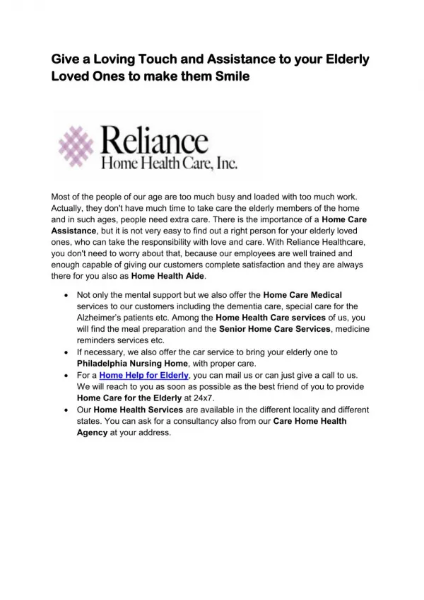 Reliance Home Health Care, Inc.