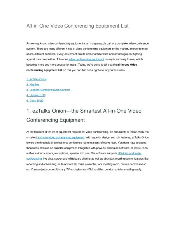 All-in-One Video Conferencing Equipment List