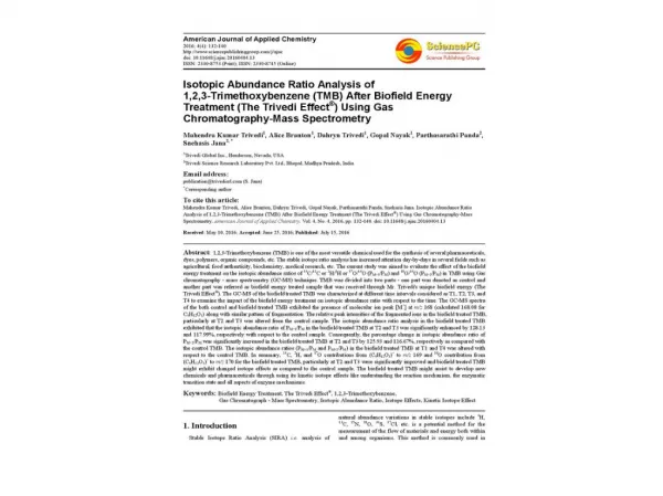 Determination of Isotopic Abundance Ratio of Biofield Energy Treated 1,4-Dichlorobenzene Using Gas Chromatography-Mass S