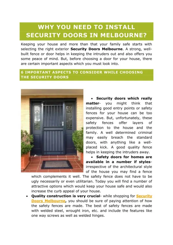 WHY YOU NEED TO INSTALL SECURITY DOORS IN MELBOURNE?