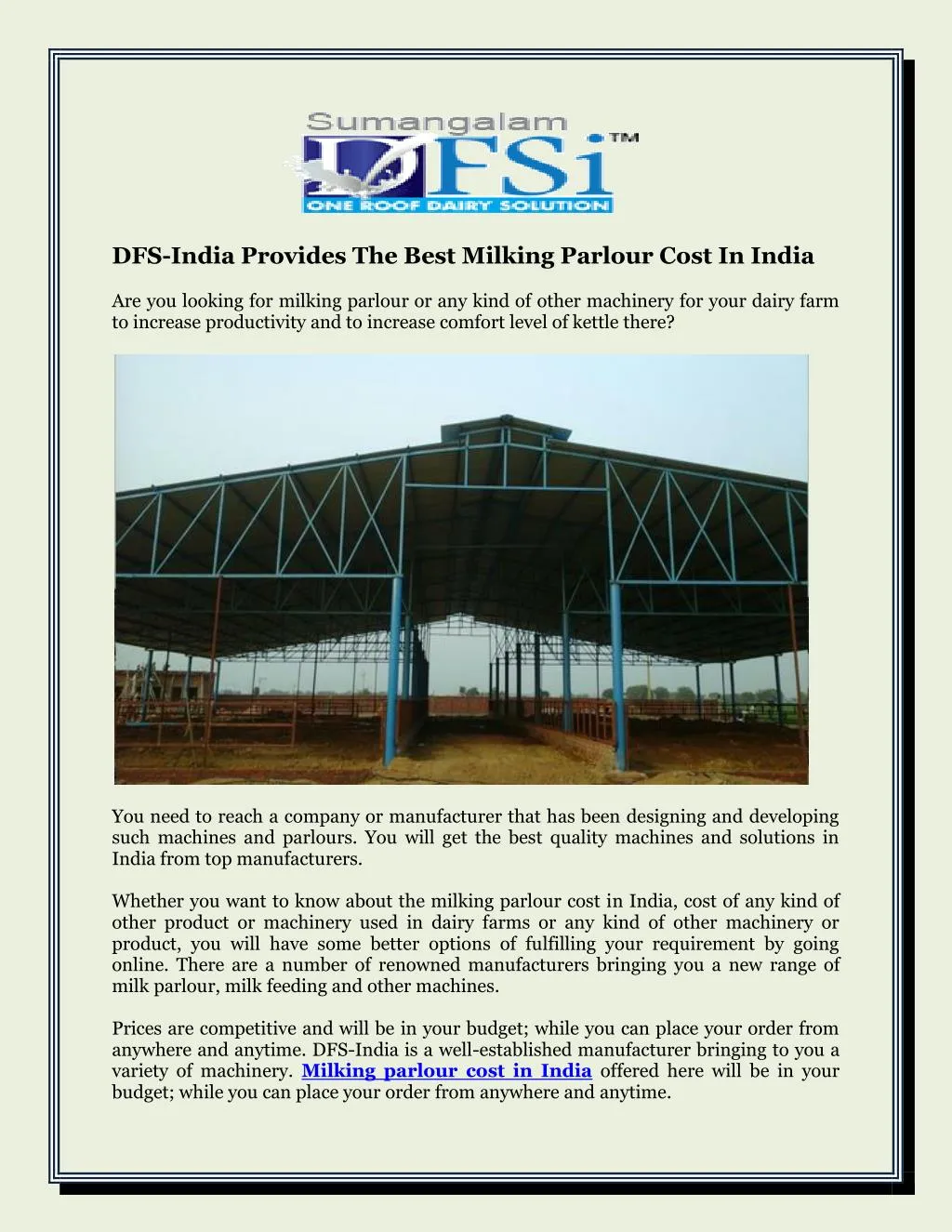 dfs india provides the best milking parlour cost