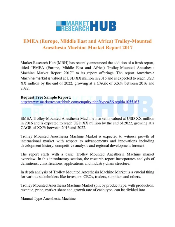 EMEA Trolley-Mounted Anesthesia Machine Market Report 2017