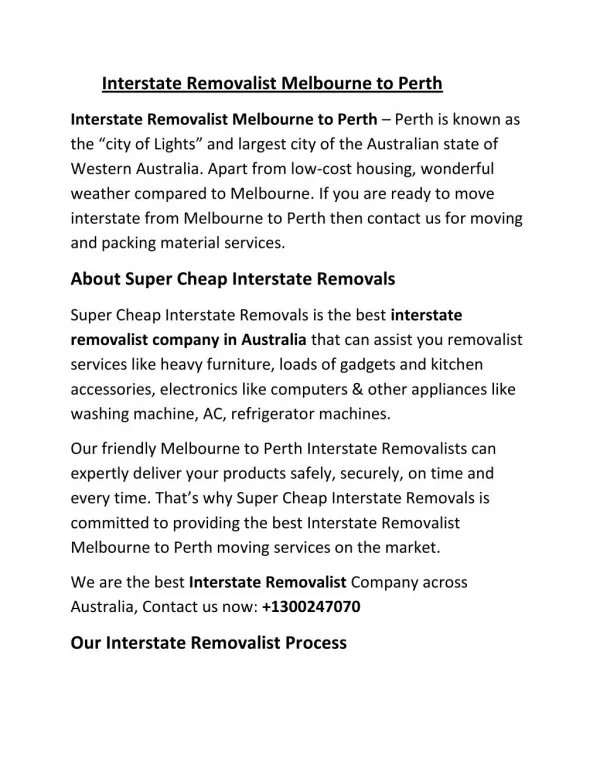 Interstate Removalist Melbourne to Perth