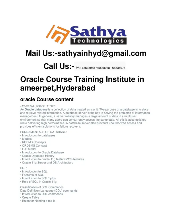 Oracle Course Training Institute in ameerpet,Hyderabad
