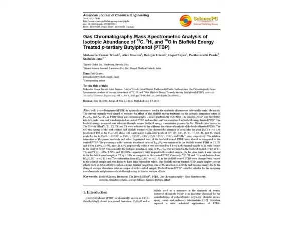Gas Chromatography-Mass Spectrometric Analysis of Isotopic Abundance of 13C, 2H, and 18O in Biofield Energy Treated p-te