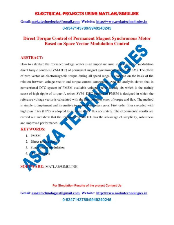 Direct Torque Control of Permanent Magnet Synchronous Motor Based on Space Vector Modulation Control