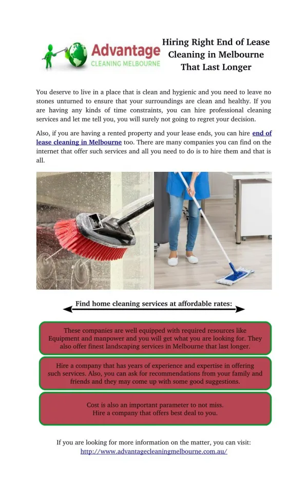 Hiring Right End of Lease Cleaning in Melbourne That Last Longer