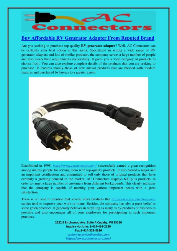 Buy Affordable RV Generator Adapter From Reputed Brand.pdf
