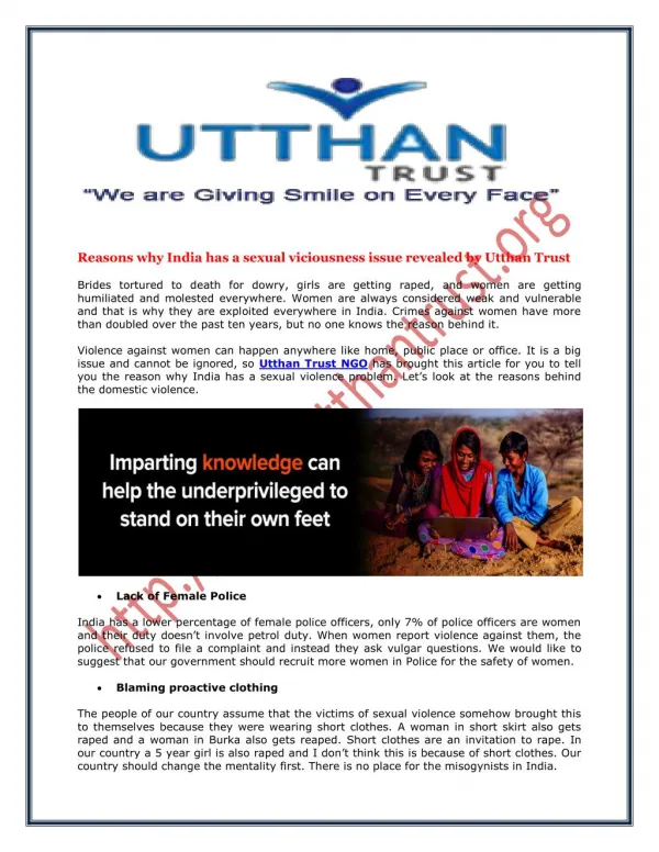 Reasons why India has a sexual viciousness issue revealed by Utthan Trust