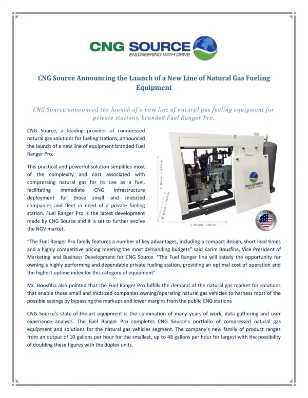 CNG Source Announcing the Launch of a New Line of Natural Gas Fueling Equipment