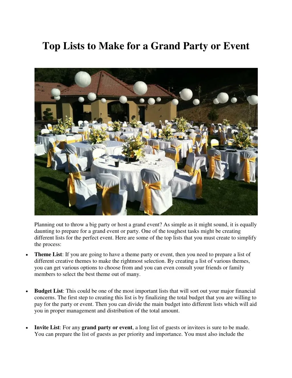 top lists to make for a grand party or event