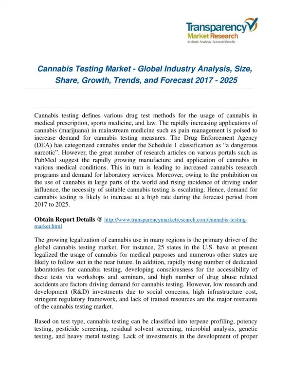 Cannabis Testing Market 2017 : Opportunities, Company Analysis And Forecast To 2025