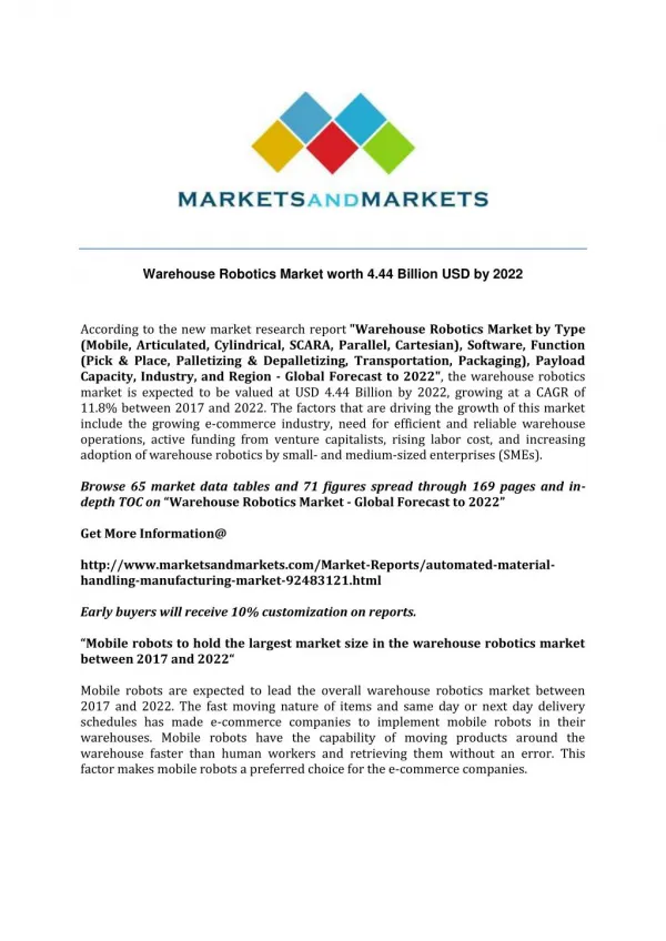 Warehouse Robotics Market worth 4.44 Billion USD by 2022
