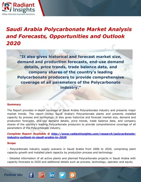 Saudi Arabia Polycarbonate Market Size, Analysis and Forecasts 2020