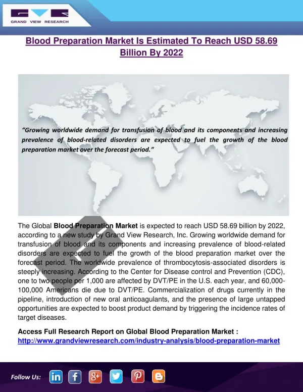 Blood Preparation Market Is Estimated To Reach USD 58.69 Billion By 2022