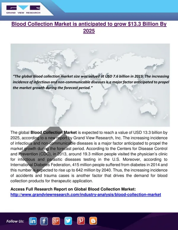 Blood Collection Market is anticipated to grow $13.3 Billion By 2025