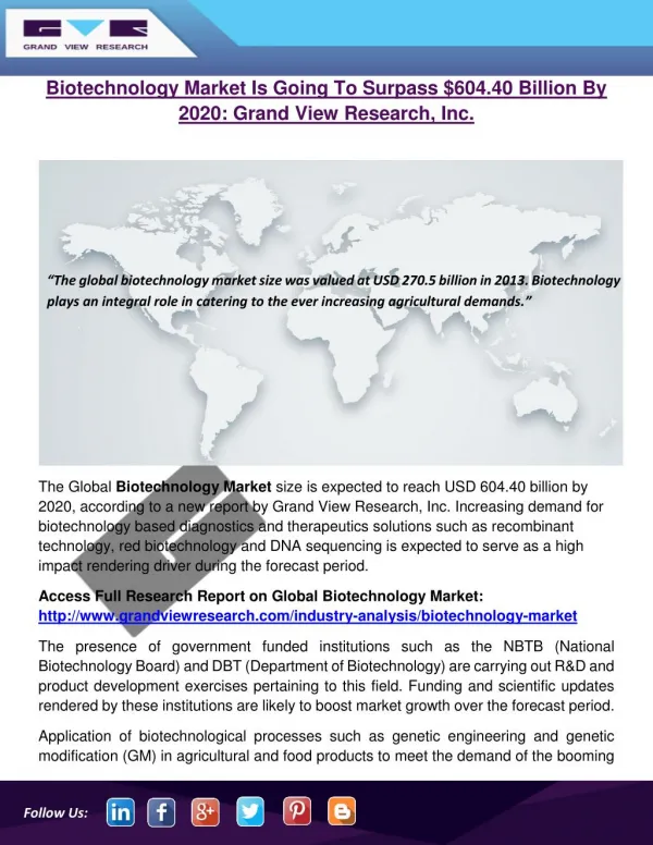 Biotechnology Market Is Going To Surpass $604.40 Billion By 2020: Grand View Research, Inc.