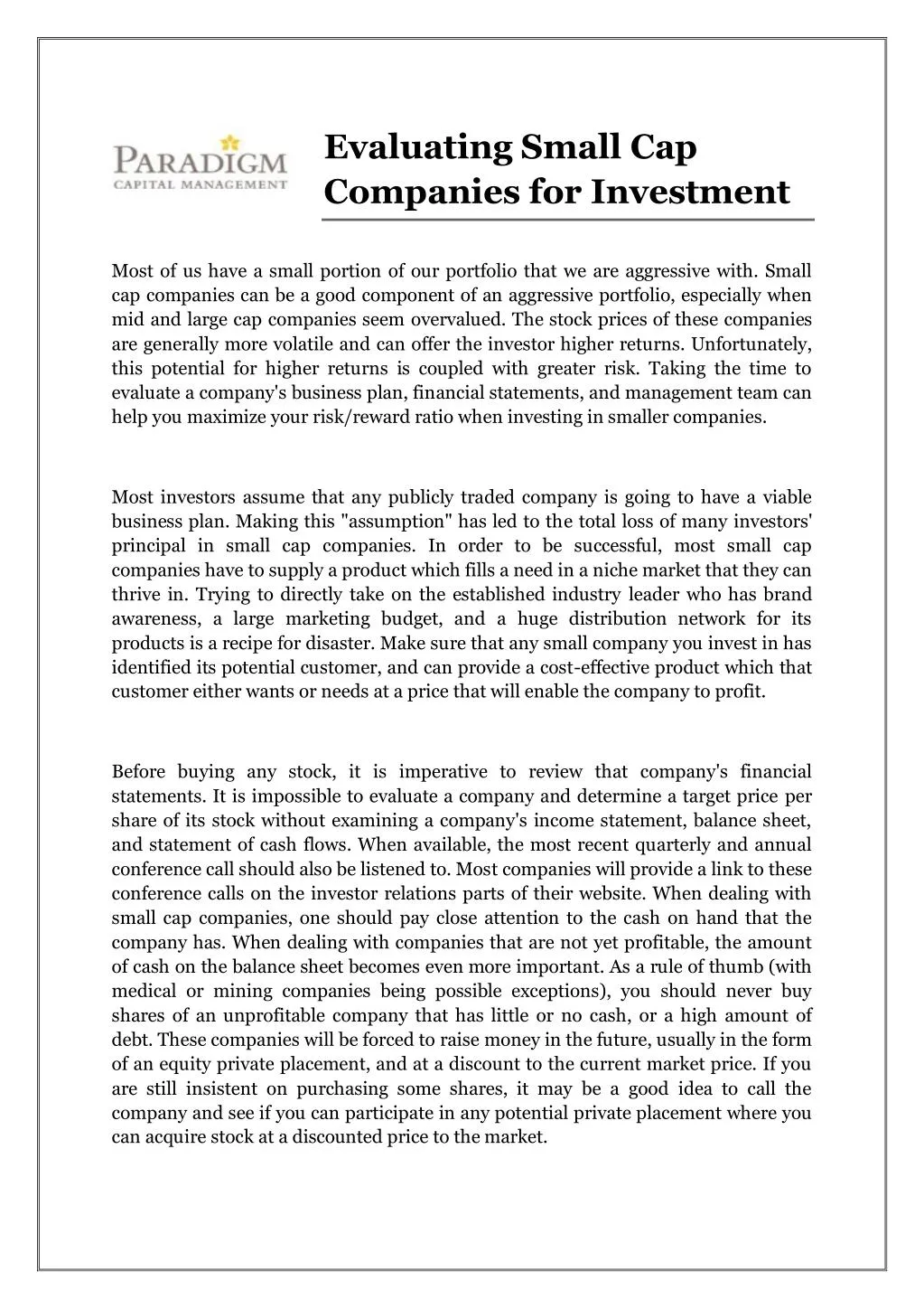 evaluating small cap companies for investment