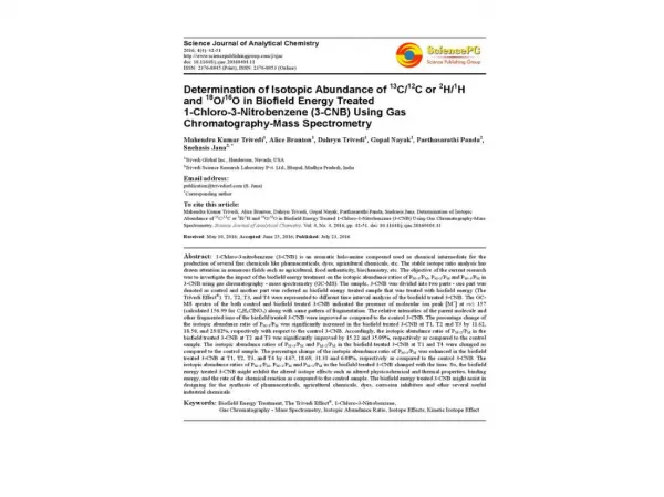 Determination of Isotopic Abundance of 13C/12C or 2H/1H and 18O/16O in Biofield Energy Treated 1-Chloro-3-Nitrobenzene (