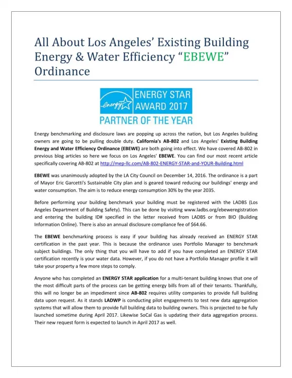 All About Los Angeles’ Existing Building Energy & Water Efficiency “EBEWE” Ordinance