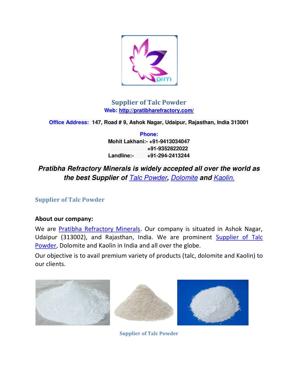supplier of talc powder web http