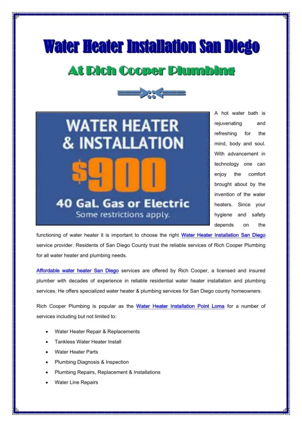 Affordable Water Heater Installation San Diego