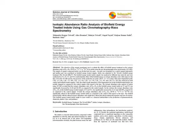 Isotopic Abundance Ratio Analysis of Biofield Energy Treated Indole Using Gas Chromatography-Mass Spectrometry