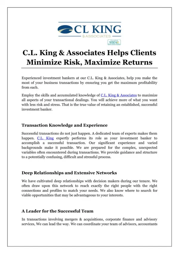 C.L. King & Associates Helps Clients Minimize Risk, Maximize Returns