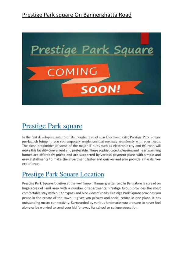 Prestige Park Square On Bannerghatta Road