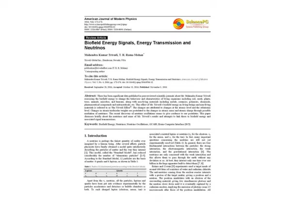 Biofield Energy Signals, Energy Transmission and Neutrinos