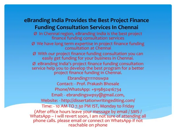 eBranding India Provides the Best Project Finance Funding Consultation Services In Chennai