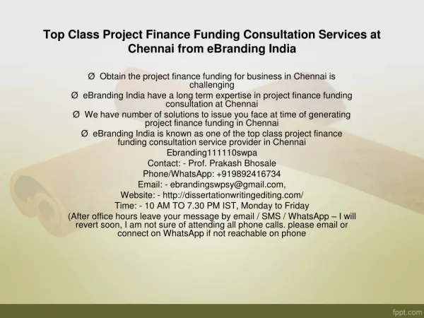 Top Class Project Finance Funding Consultation Services at Chennai from eBranding India