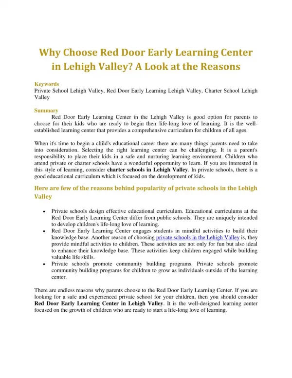 Why Choose Red Door Early Learning Center in Lehigh Valley? A Look at the Reasons