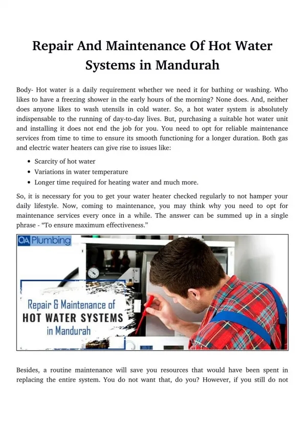 Repair And Maintenance Of Hot Water Systems in Mandurah