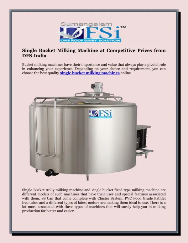 Single Bucket Milking Machine at Competitive Prices from DFS-India