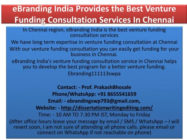 eBranding India Provides the Best Venture Funding Consultation Services In Chennai