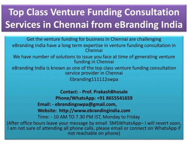 Top Class Venture Funding Consultation Services in Chennai from eBranding India
