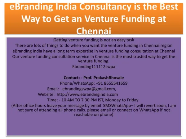 eBranding India Consultancy is the Best Way to Get an Venture Funding at Chennai