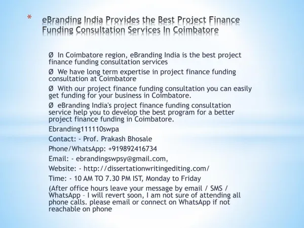 eBranding India Provides the Best Project Finance Funding Consultation Services In Coimbatore