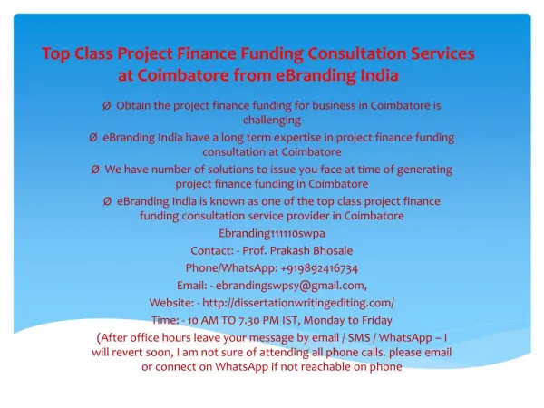 Top Class Project Finance Funding Consultation Services at Coimbatore from eBranding India