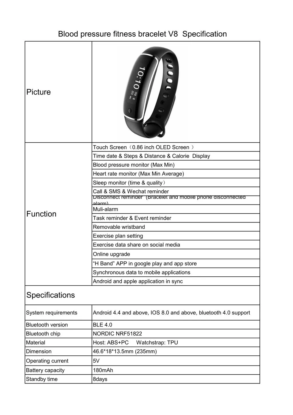 blood pressure fitness bracelet v8 specification