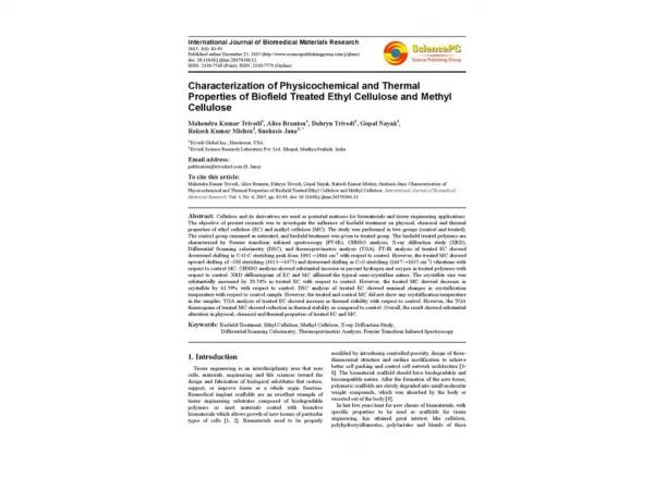 Characterization of Physicochemical and Thermal Properties of Biofield Treated Ethyl Cellulose and Methyl Cellulose