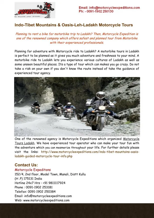 Indo-Tibet Mountains & Oasis-Leh-Ladakh Motorcycle Tours India