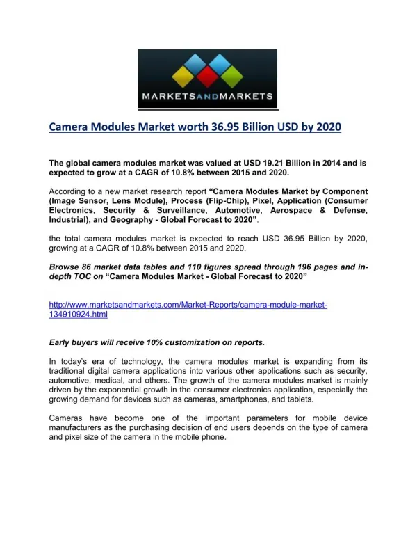 Camera Modules Market worth 36.95 Billion USD by 2020