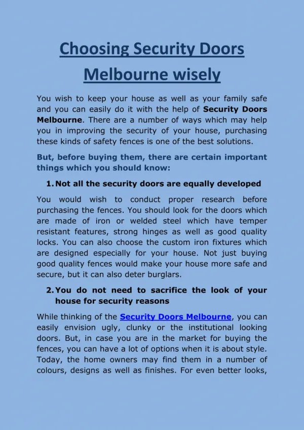 Choosing Security Doors Melbourne wisely