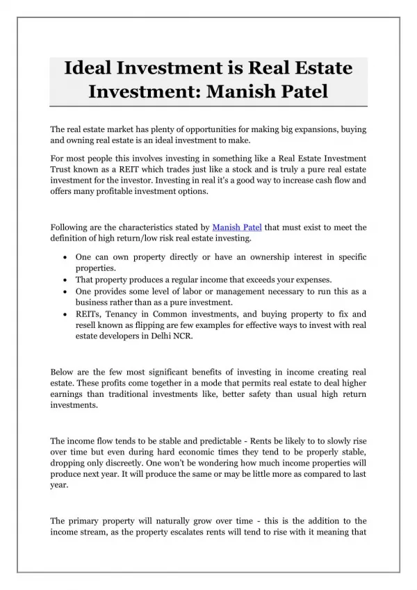 Ideal Investment is Real Estate Investment: Manish Patel