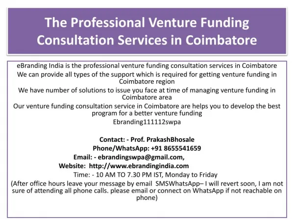 The Professional Venture Funding Consultation Services in Coimbatore
